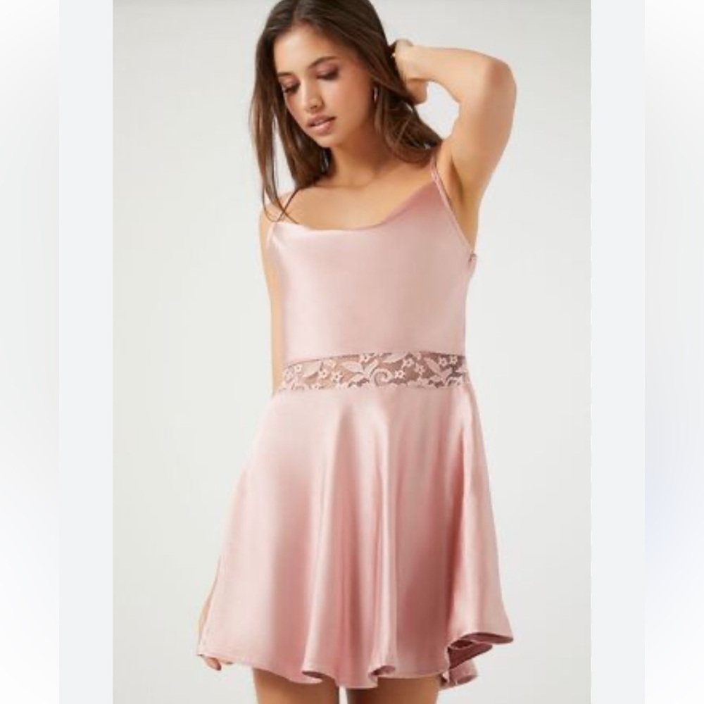 Forever 21 Blush Pink Satin Lace-Trim Mini Skater Dress